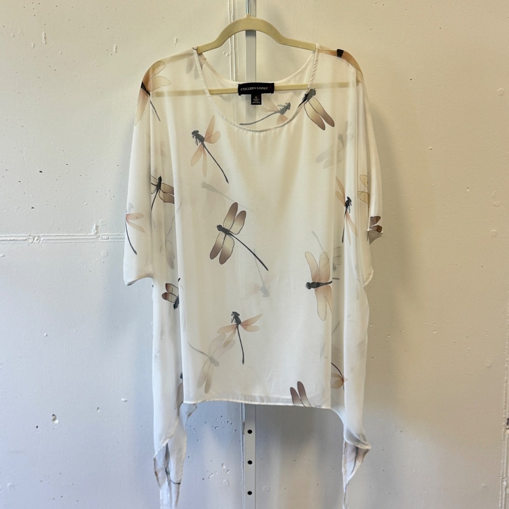 Colleen Lopez Dragonfly Print Sheer Chiffon Poncho Top White XL 597067 Artsy‎